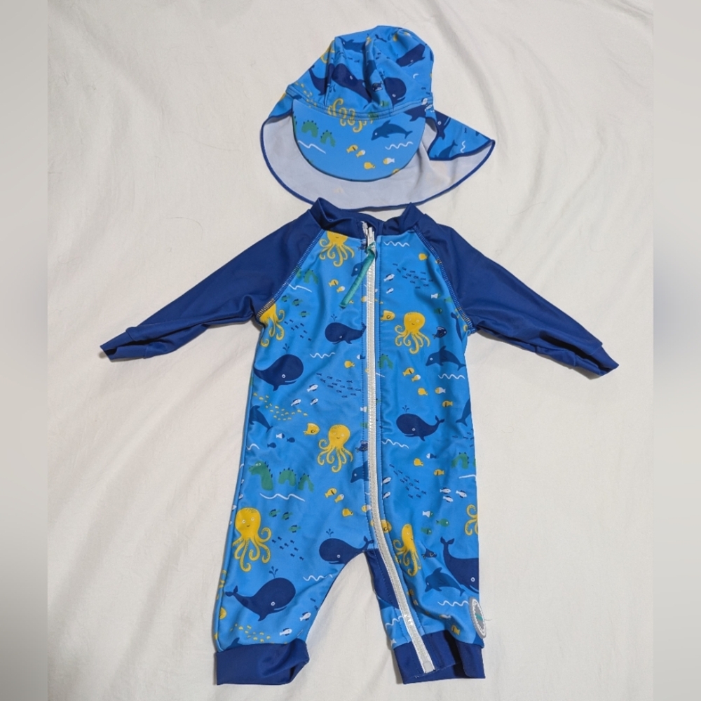 Baby boy zip up Swimsuit with hat, 3-6 months